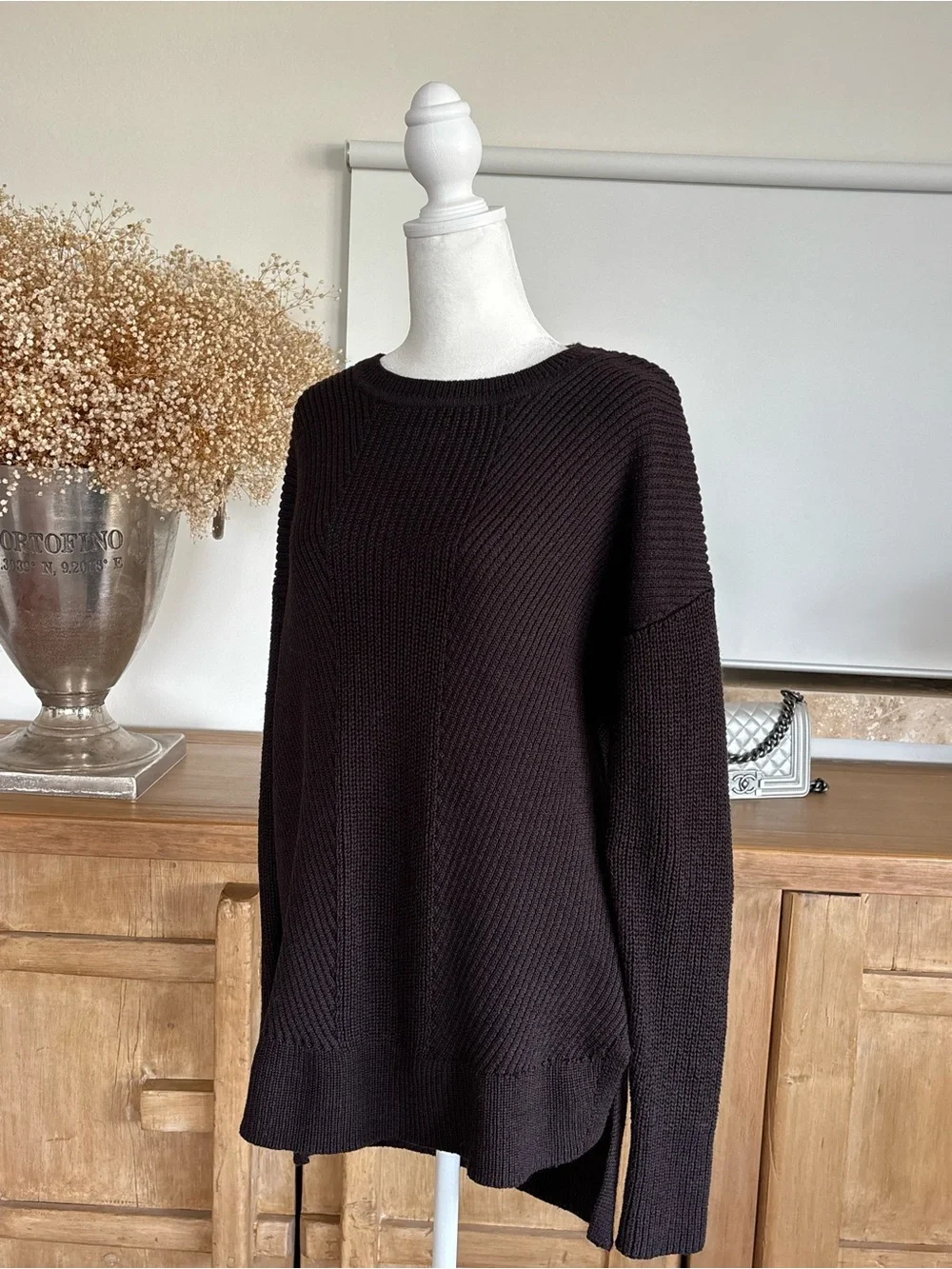 ATHLETA Merino Wool Blend Ribbed Sweater M Dark Chocolate High Low Tunic Cottage - Picture 13 of 14